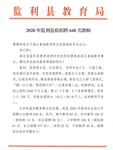 2020年湖北荆州市监利县拟招聘648名教师